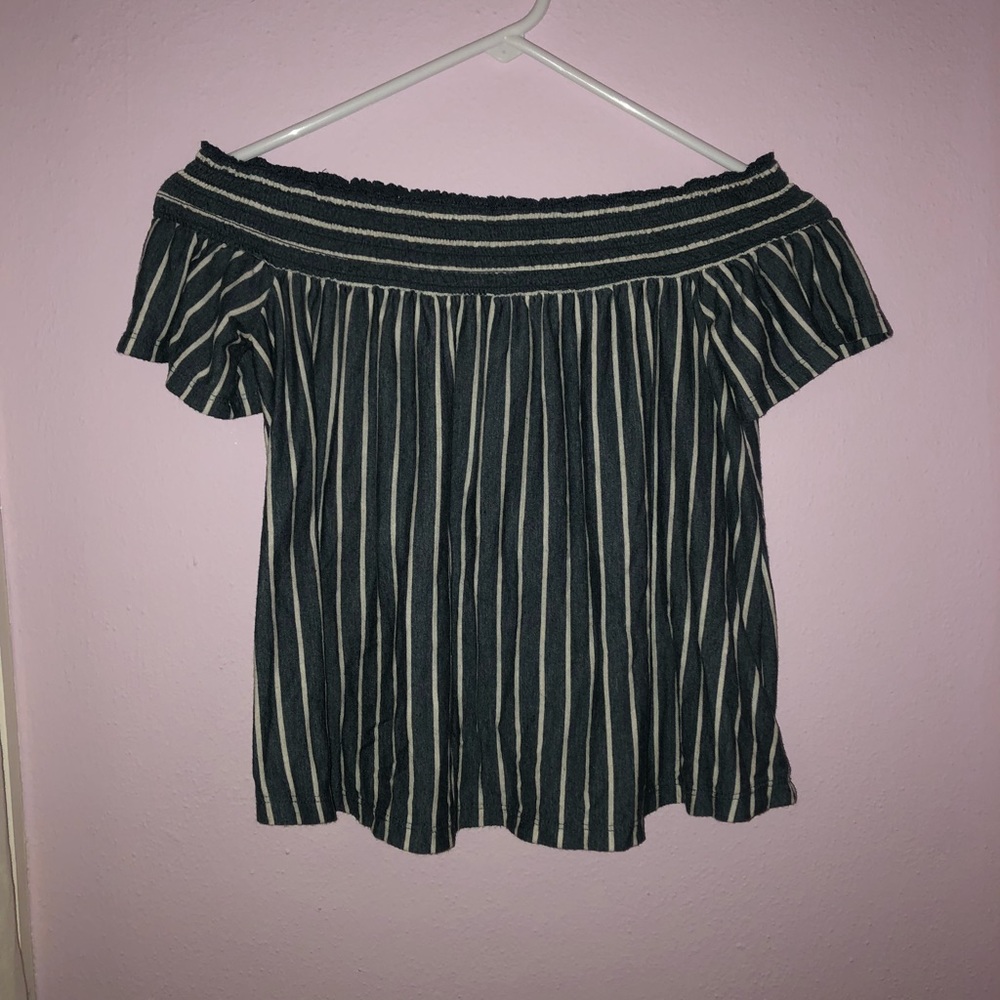 Grey/blue and white striped off the shoulder top!